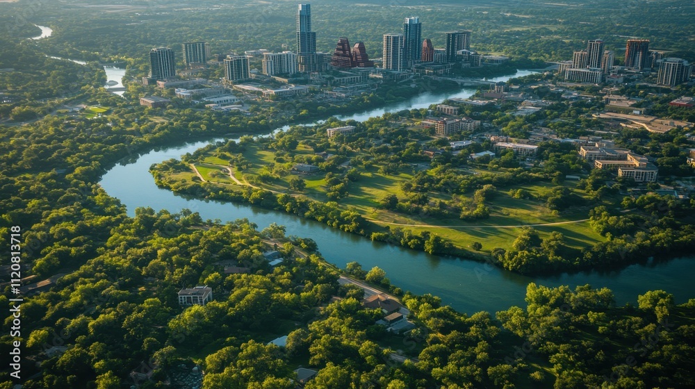 Fototapeta premium Aerial View of Vibrant Cityscape and Lush Green Parks Surrounding River in Modern Urban Area Under Clear Blue Sky