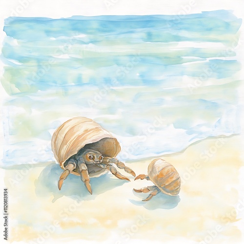 Watercolor Painting of Two Hermit Crabs on a Sandy Beach with Ocean Background. photo