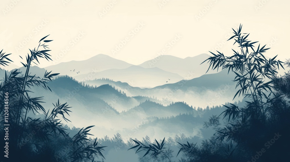 Serene Misty Mountains Framed by Bamboo Serene Misty Mountains Framed by Bamboo