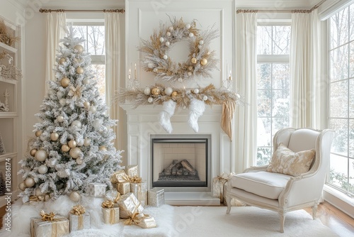 Elegant white Christmas room with decorated tree, chair, and fireplace in gold and silver tones. Soft lighting and neutral decor for a festive atmosphere.