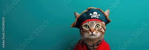 Cat dressed as a pirate against a teal background. photo