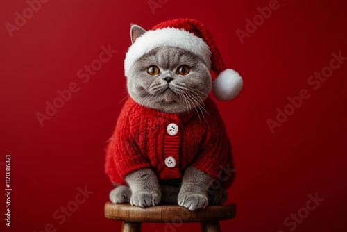 British Shorthair cat wearing Santa Claus costume sitting on wooden stool, red background, Christmas holiday theme. photo