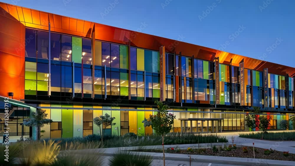 Vibrant Facade: A Colorful Modern Building at Dusk Vibrant Facade: A Colorful Modern Building at Dusk