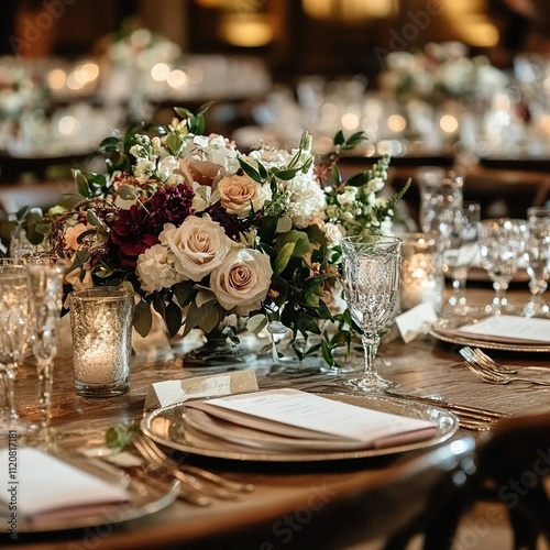 Elegant Wedding Table Setting with Romantic Floral Centerpiece photo