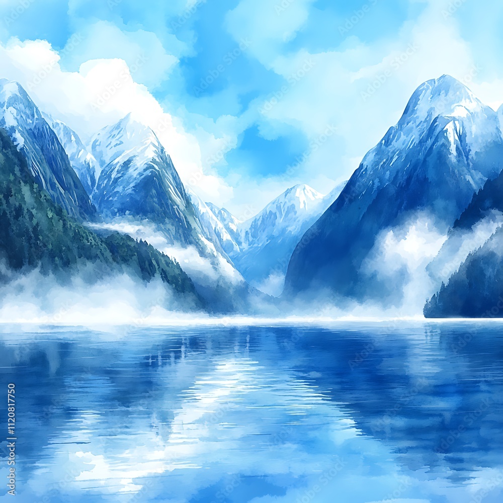 Serene Watercolor Landscape Misty Mountains Reflected in a Tranquil Lake. Serene Watercolor Landscape Misty Mountains Reflected in a Tranquil Lake.