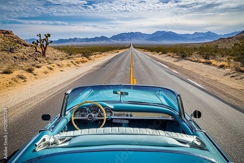 Classic convertible cruising down a deserted highway through scenic desert landscape under a blue sky. Generative AI