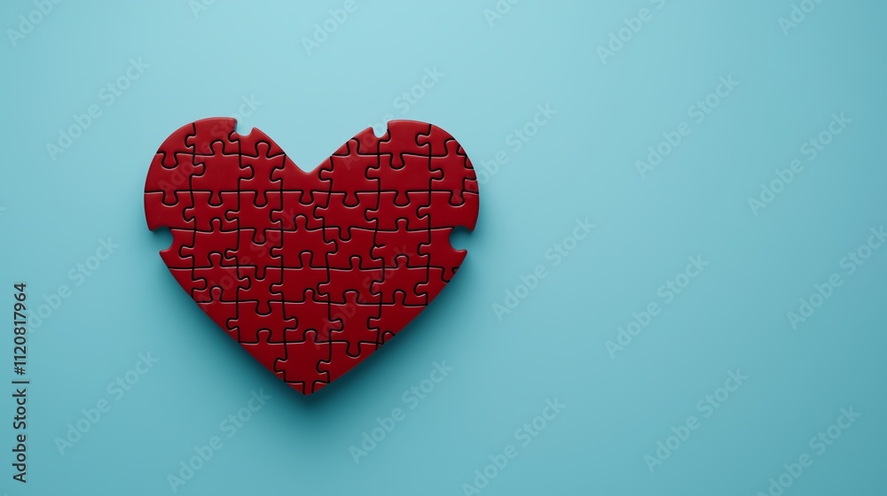 A red puzzle heart shape on a light blue background, symbolizing love and connection. A red puzzle heart shape on a light blue background, symbolizing love and connection.