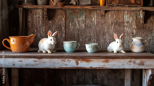 Two white rabbits sit beside teacups on a rustic table