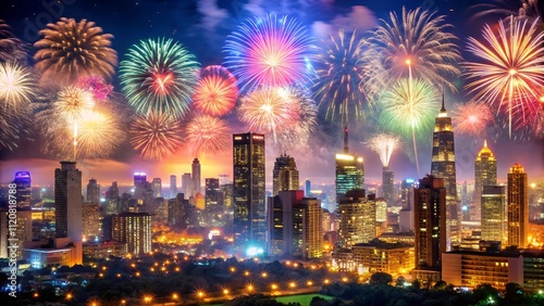 A vibrant city skyline at night, illuminated with dazzling fireworks in the sky. new year celebration backdrop