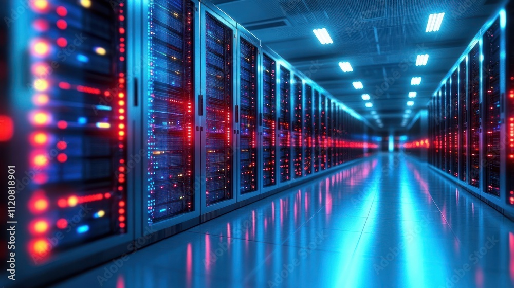 Futuristic Data Center with Glowing Server Lights in Cyberpunk Style Futuristic Data Center with Glowing Server Lights in Cyberpunk Style