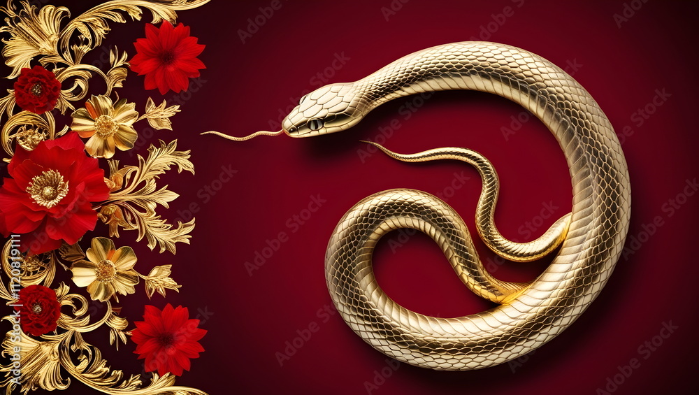 Elegant Golden Snake on Red Background with Floral Accents Elegant Golden Snake on Red Background with Floral Accents