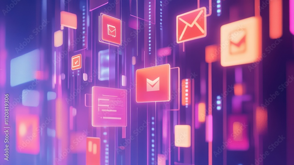 Abstract digital network with glowing email icons and data streams. Abstract digital network with glowing email icons and data streams.