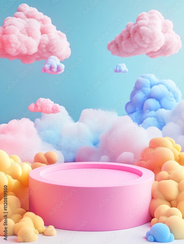 3D rendering stylized children's podium, colorful background, clouds and weather with empty space for children or baby supplies. 3D rendering stylized children's podium, colorful background, clouds and weather with empty space for children or baby supplies.