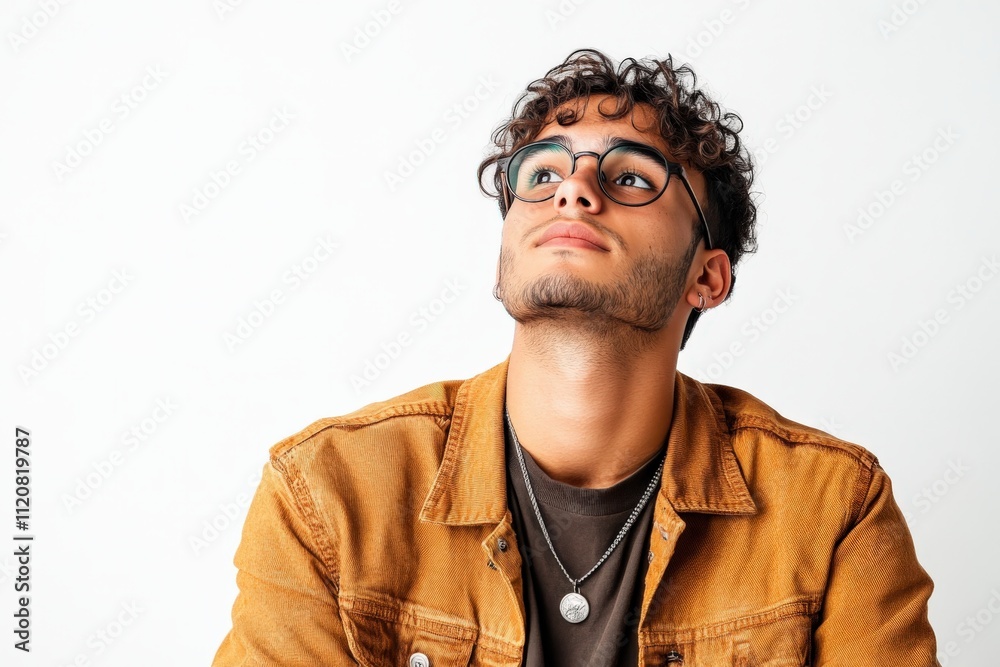 Fototapeta premium Thoughtful Young Man in Casual Outfit Looking Upward Against a Light Background