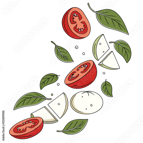 Falling slices of mozzarella tomatoes and basil isolated on white background.