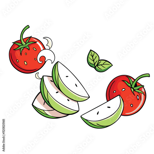 Falling slices of mozzarella tomatoes and basil isolated on white background.