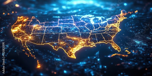 Digital Map of USA with Glowing Network Concept for Data Transfer and Telecommunication in Futuristic Style