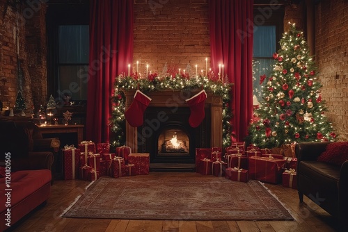 Elegant Christmas backdrop with a fireplace, red curtains, lights, candles, decorated tree, gifts, and a warm festive atmosphere. photo