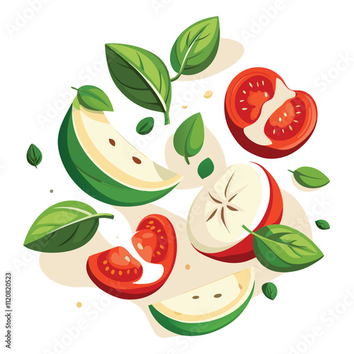 Falling slices of mozzarella tomatoes and basil isolated on white background.