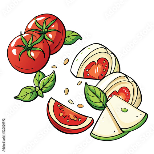 Falling slices of mozzarella tomatoes and basil isolated on white background.