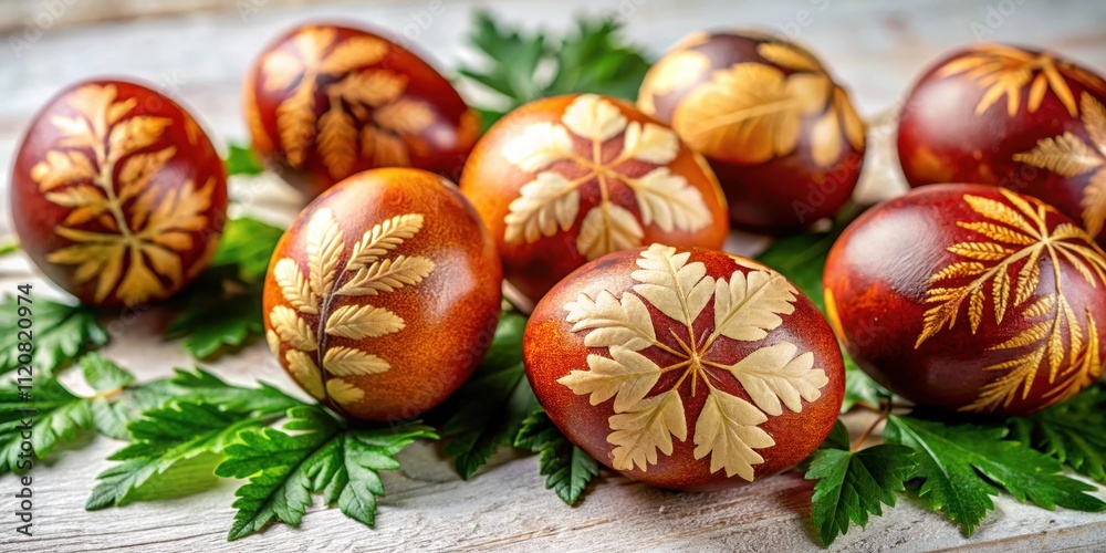 Fototapeta premium Easter eggs decorated with patterns of fresh leaves and dyed with onion peels , Easter, eggs, decoration, pattern