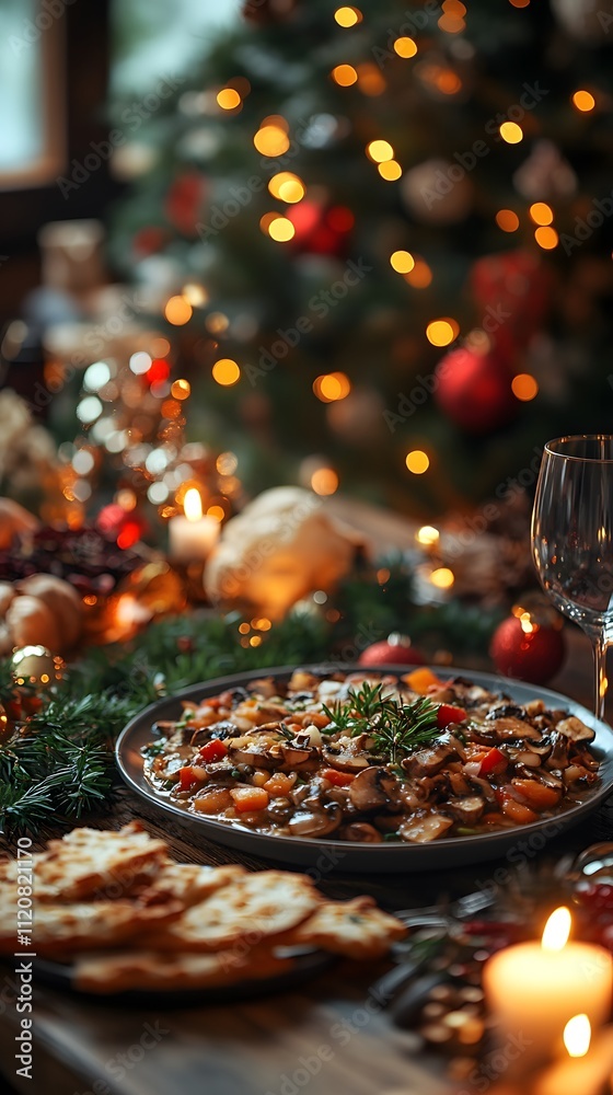 Mushroom soup in a beautiful bowl beautifully presented on the Christmas Eve table gives a warm and inviting feeling, perfect for promoting a festive atmosphere or advertising a special holiday meal.
