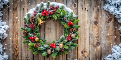 Festive wreath with bells and berries on snowy wooden door, festive, wreath, bells, berries, snowy, wooden, door, Christmas