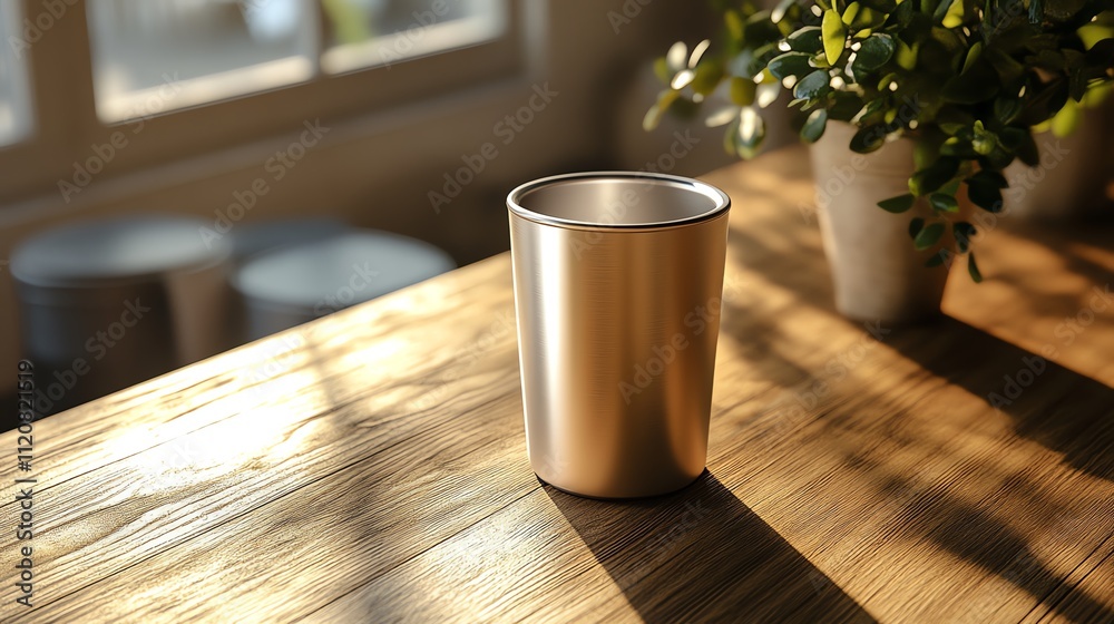 Shiny metal cup on a wooden table in sunlight. Shiny metal cup on a wooden table in sunlight.
