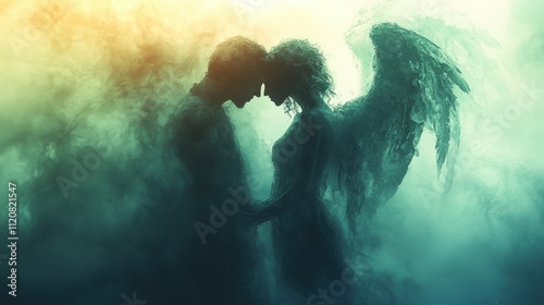 Annunciation Scene of Angel and Virgin Mary in Watercolor Style with Soft Pastel Colors