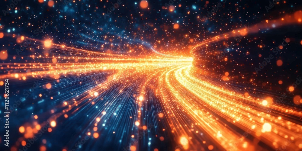 Vibrant Abstract Background of Glowing Light Trails with Dynamic Motion and Sparkling Particles in Blue and Orange Hues Vibrant Abstract Background of Glowing Light Trails with Dynamic Motion and Sparkling Particles in Blue and Orange Hues
