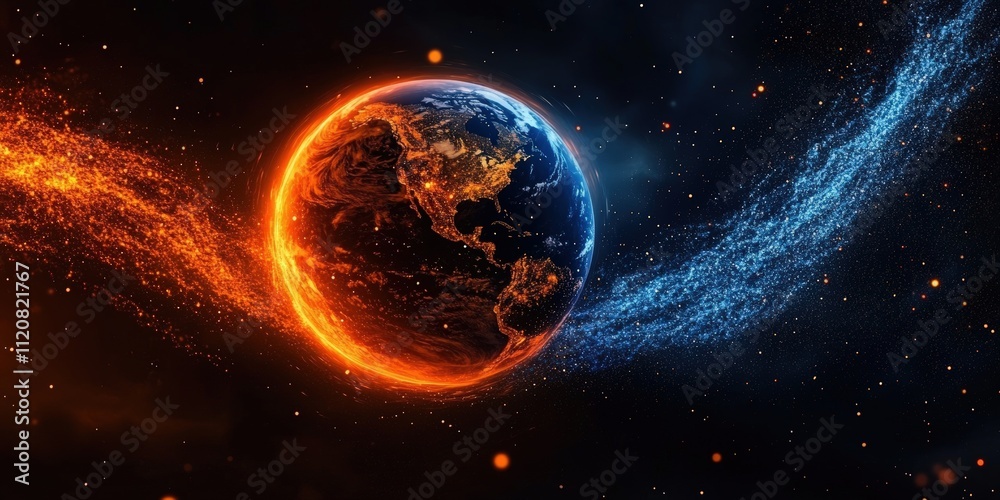 Obraz premium Vibrant Planet Earth Surrounded by Fiery Orange and Cool Blue Energy Waves Against a Cosmic Background with Stars and Nebulae