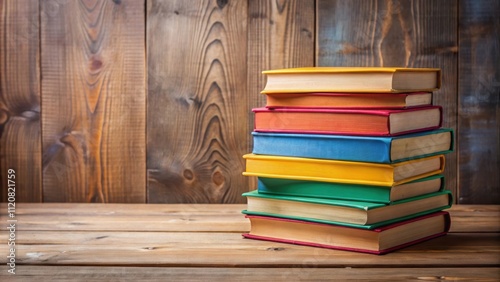 A stack of colorful books on a wooden table , education, reading, literature, knowledge, study, library, novels