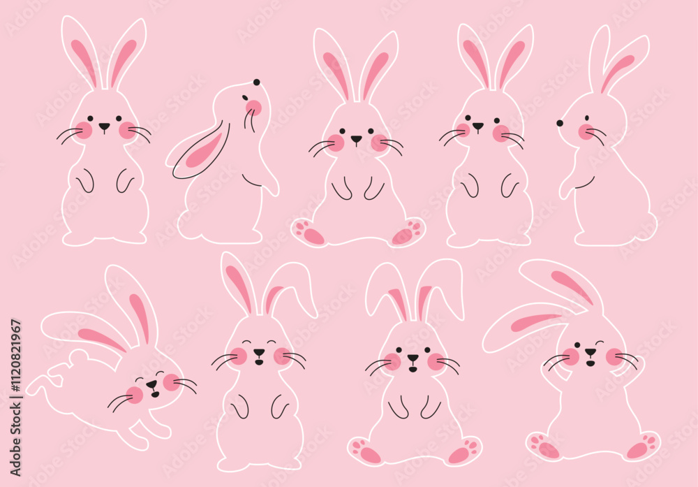 Bunny easter clipart drawing set. Rabbit pink outline flat clip art collection in cute standing, hopping and sitting pose for animal graphic elements. Vector illustration bunny easter sketch design.
Bunny easter clipart drawing set. Rabbit pink outline flat clip art collection in cute standing, hopping and sitting pose for animal graphic elements. Vector illustration bunny easter sketch design.