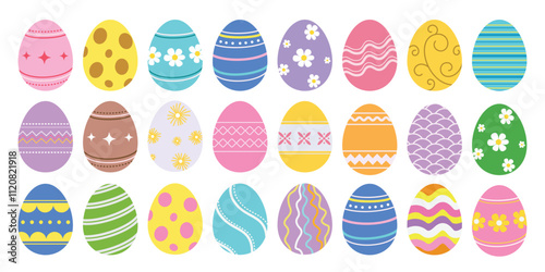 Easter eggs drawing clipart set. Happy easter egg flat clip art collection in colorful and multicolored paint art for traditional hunting celebration. Vector illustration flat oval shape elements.  
