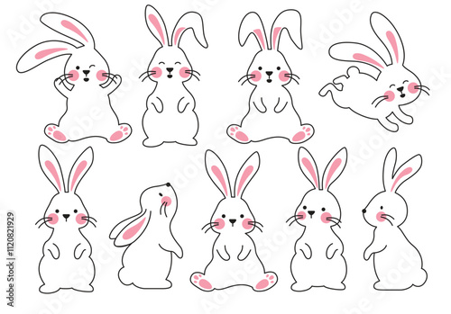 Bunny easter outline clipart set. Rabbit line drawing clip art flat collection in sitting, hopping and standing pose cute animal graphic elements. Vector illustration easter bunny doodle. 
