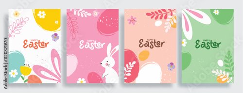 Happy easter clipart poster set. Easter sunday greeting card collection with bunny rabbit, eggs and flowers clip art drawing in abstract background. Vector illustration religious greeting cards design