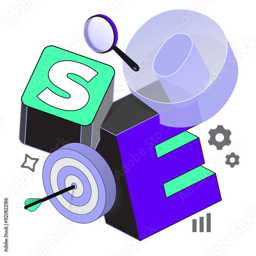 Lettering SEO with target and magnifying glass text
