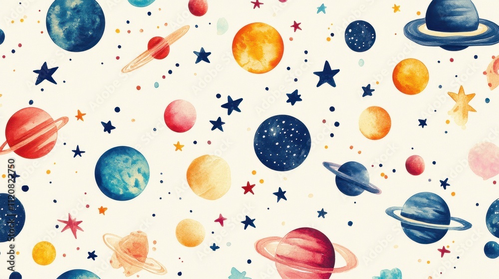 Whimsical Watercolor Planets and Stars: A Celestial Pattern Design for Kids