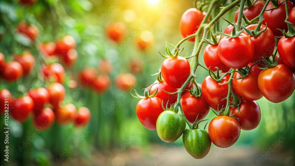 Fresh red tomatoes hanging on a vine, tomato, red, vine, organic, agriculture, farm, ripe, juicy, harvest, plant, food Fresh red tomatoes hanging on a vine, tomato, red, vine, organic, agriculture, farm, ripe, juicy, harvest, plant, food