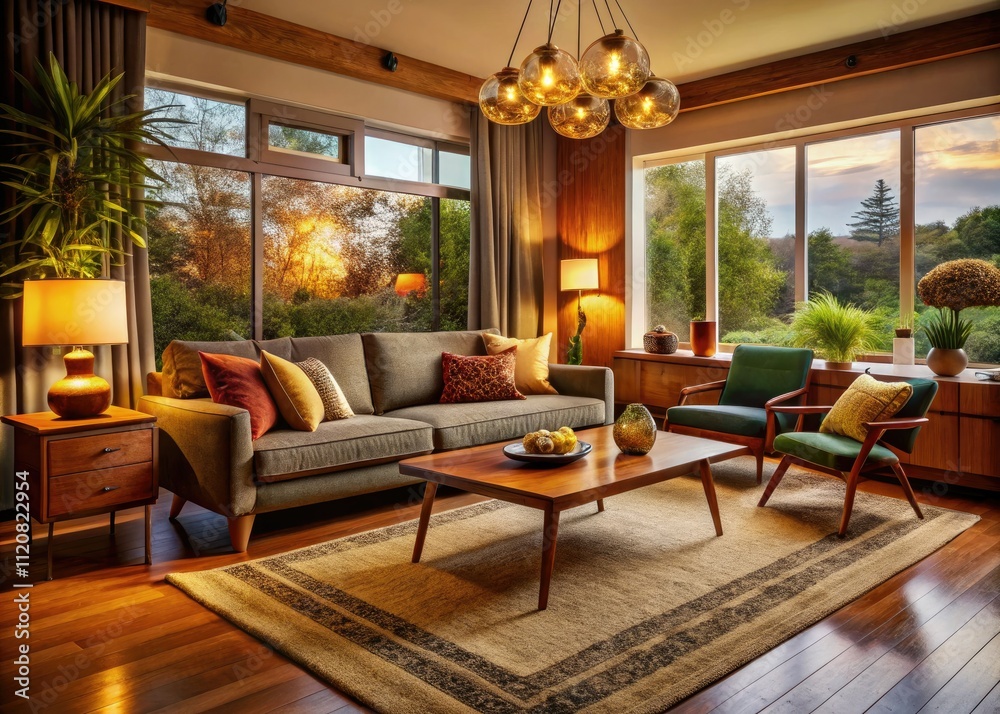 Cozy Mid-Century Modern Living Room: Candid Photo Shoot, Warm Lighting, Retro Furniture Cozy Mid-Century Modern Living Room: Candid Photo Shoot, Warm Lighting, Retro Furniture