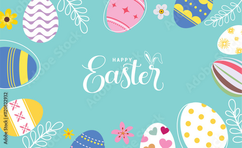 Happy easter wishes clipart background. Happy easter sunday greeting card clip art with colorful abstract eggs, flowers and bunny drawing decoration elements. Vector illustration green card design. 
