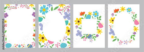 Easter flowers frame clipart poster background set. Happy easter flower clip art collection with colorful, abstract and pastel border decoration design. Vector illustration floral drawing frame set.
