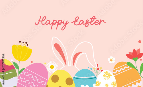 Happy easter wishes clipart background. Happy easter sunday greeting text clip art with colorful eggs, bunny and flowers abstract drawing elements. Vector illustration holiday card design. 
