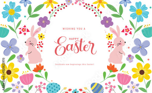 Happy easter wishes clipart background. Happy easter sunday invitation clip art with bunny, eggs and colorful flowers drawing decoration design. Vector illustration greeting holiday wishes.
