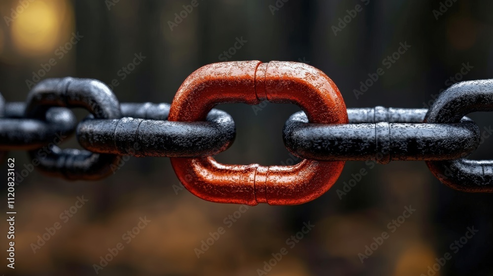 Close-Up of a Unique Metal Chain Link in Dark Forest Background Showcasing a Contrast of Bright Red and Rusty Black Links with a Bokeh Effect Close-Up of a Unique Metal Chain Link in Dark Forest Background Showcasing a Contrast of Bright Red and Rusty Black Links with a Bokeh Effect