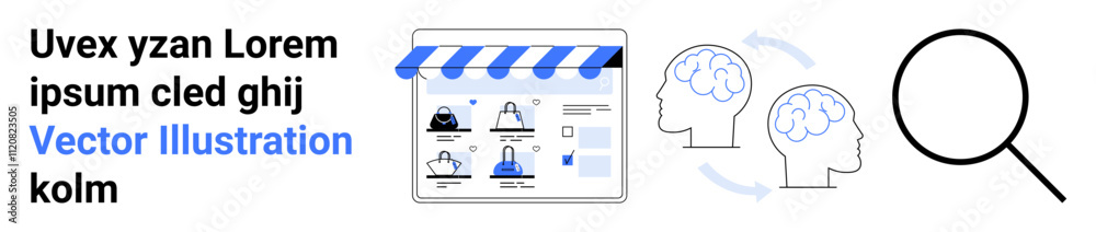 E-commerce storefront interface, two human heads with brain exchange arrows, and a magnifying glass. Ideal for online shopping, digital marketing, brainstorming, research, analysis, technology E-commerce storefront interface, two human heads with brain exchange arrows, and a magnifying glass. Ideal for online shopping, digital marketing, brainstorming, research, analysis, technology