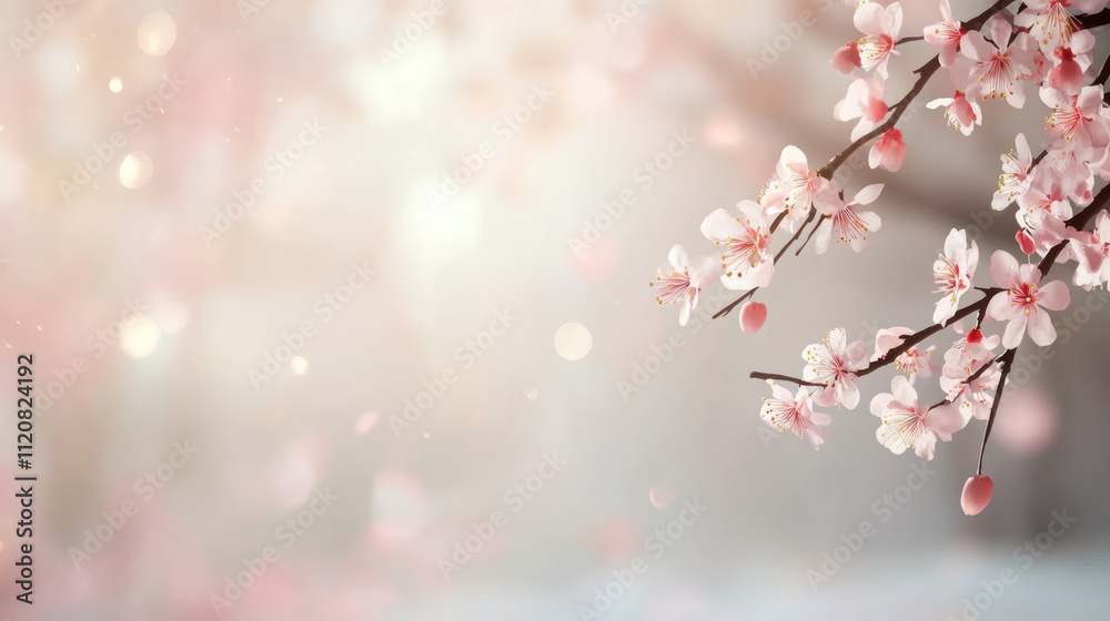 Delicate cherry blossoms on tree branch create serene atmosphere Delicate cherry blossoms on tree branch create serene atmosphere