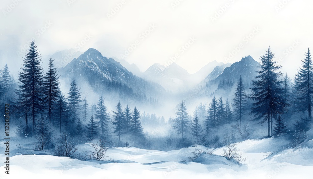 Fototapeta premium Serene Winter Landscape with Snowfall and Pine Trees in Watercolor Style