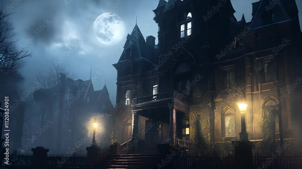 A strikingly mysterious mansion stands ominously in a fog-laden night, its silhouette illuminated by ethereal pale moonlight A strikingly mysterious mansion stands ominously in a fog-laden night, its silhouette illuminated by ethereal pale moonlight