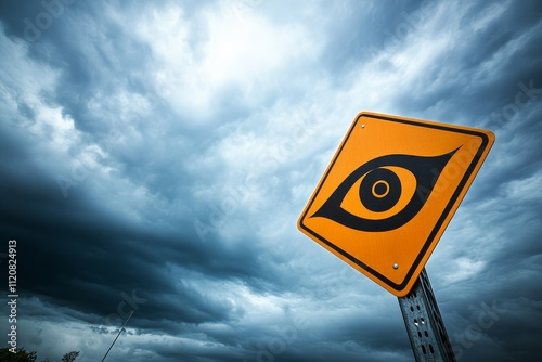 Yellow road sign with eye silhouette and hurricane symbol against cloudy sky, web banner with copy space. photo